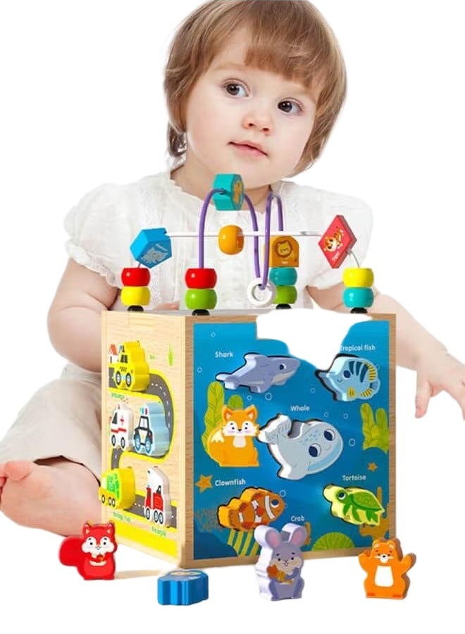 6 in 1 Toddler Wooden Cube Montessori toys , Montessori Sensory Activity Board Toys, Multifunctional Maze Game Shape Matching Toys - Image 1