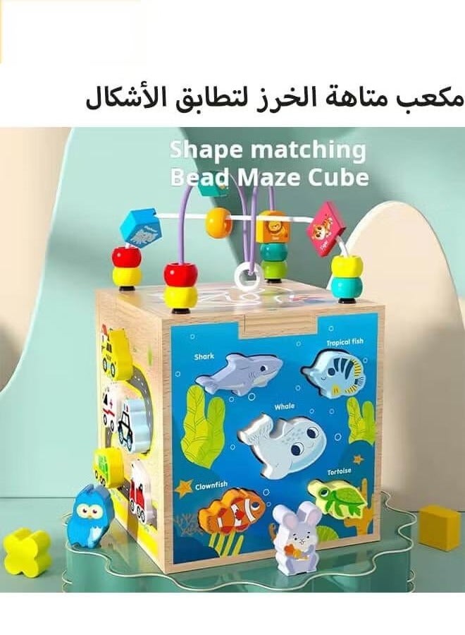 6 in 1 Toddler Wooden Cube Montessori toys , Montessori Sensory Activity Board Toys, Multifunctional Maze Game Shape Matching Toys - Image 5