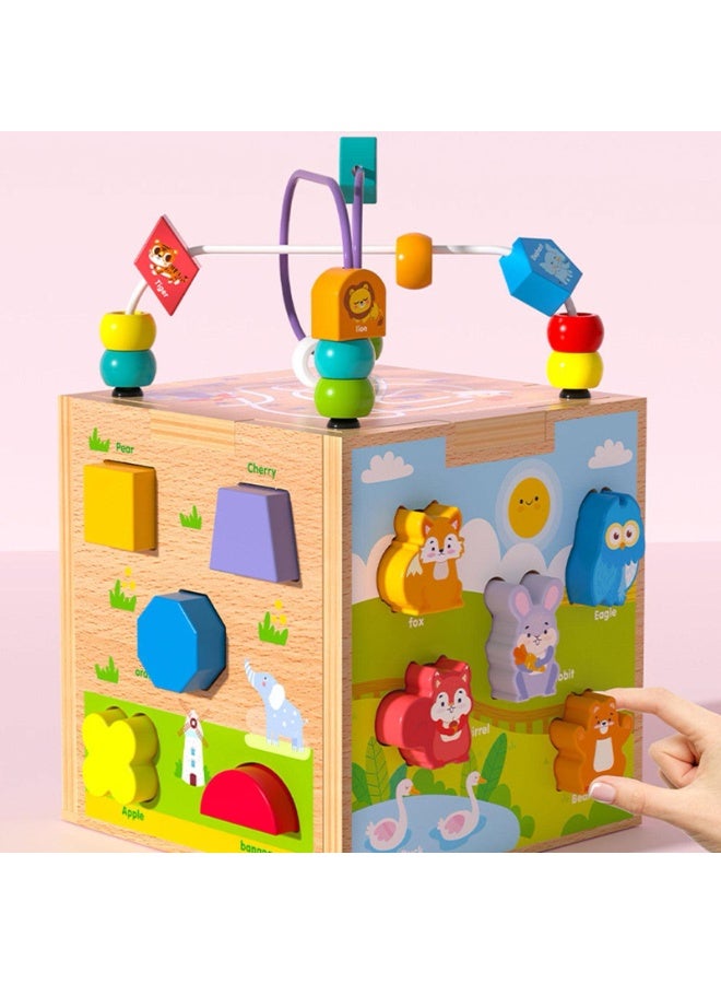 6 in 1 Toddler Wooden Cube Montessori toys , Montessori Sensory Activity Board Toys, Multifunctional Maze Game Shape Matching Toys - Image 2