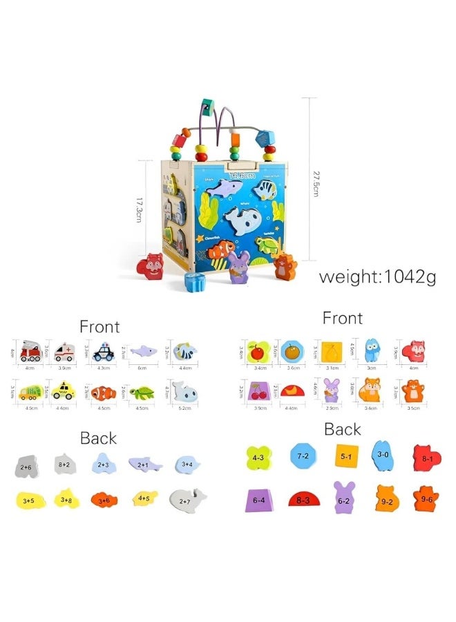 6 in 1 Toddler Wooden Cube Montessori toys , Montessori Sensory Activity Board Toys, Multifunctional Maze Game Shape Matching Toys - Image 3