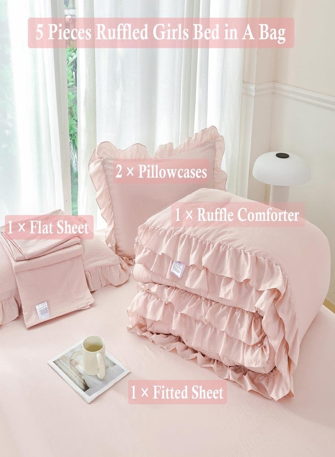 ANGIYUIN Blush Pink Comforter Sets Twin Size 5 Pieces Ruffle Bed in A Bag Farmhouse Bedding Sets Solid Color Soft Fluffy Bed Sets for Kids Girls（Blush Pink Twin） - Image 4