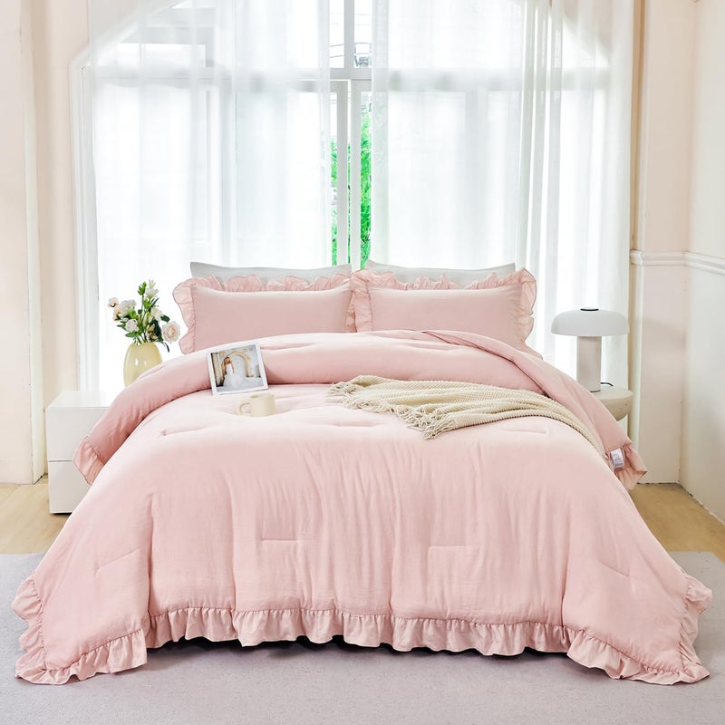ANGIYUIN Blush Pink Comforter Sets Twin Size 5 Pieces Ruffle Bed in A Bag Farmhouse Bedding Sets Solid Color Soft Fluffy Bed Sets for Kids Girls（Blush Pink Twin） - Image 1