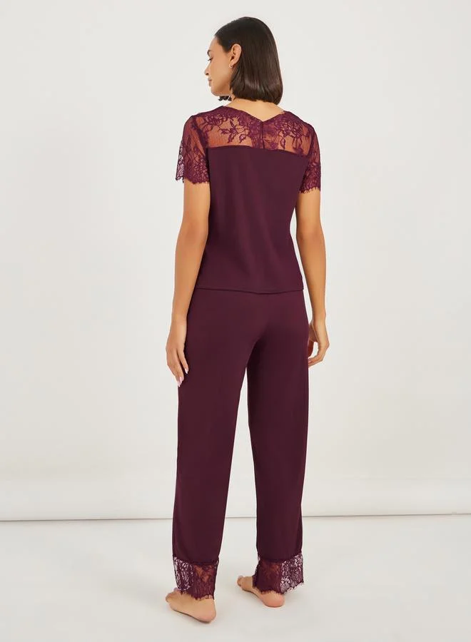 Styli Wide Lace Edge Detail Top and Pyjama Set