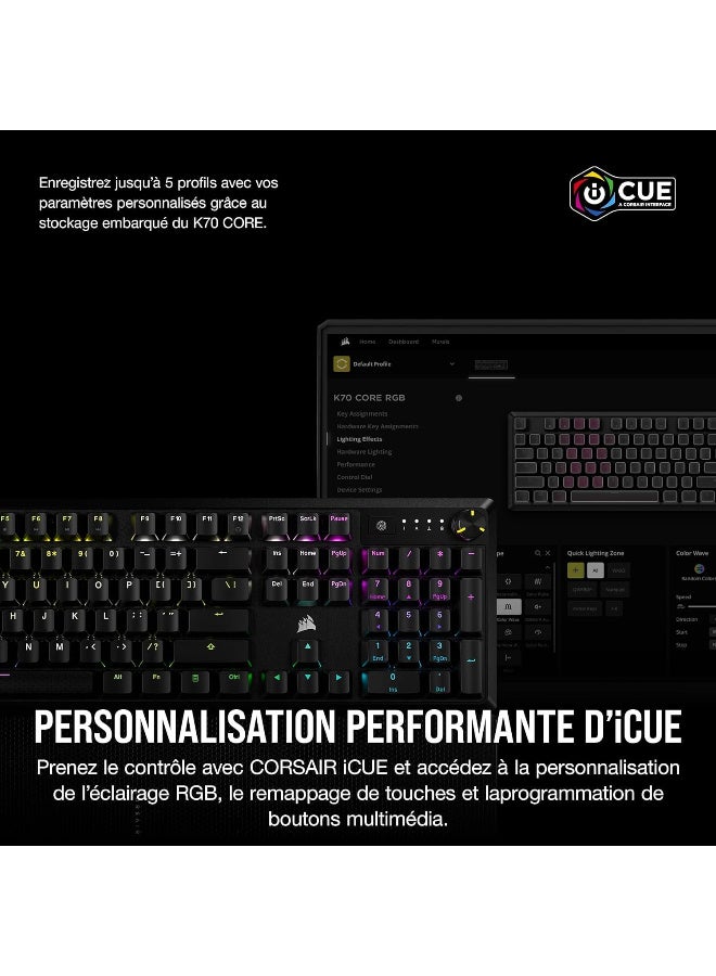 جايمنغ CORSAIR K70 CORE RGB Mechanical Wired Gaming Keyboard with Palmrest – Pre-Lubed MLX Red Linear Switches, SOCD, ABS Double-Shot Keycaps, Sound Dampening, Media Control Dial, QWERTY NA – Black - Image 4