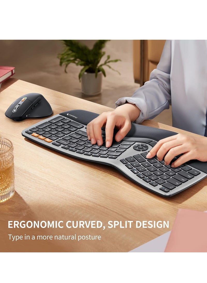 Ergonomic Wireless Keyboard Mouse, EKM01 Ergo Bluetooth Keyboard and Mouse Combo, Split Design, Palm Rest, Multi-Device, Rechargeable, Windows/Mac/Android (Space Gray)  - Image 2
