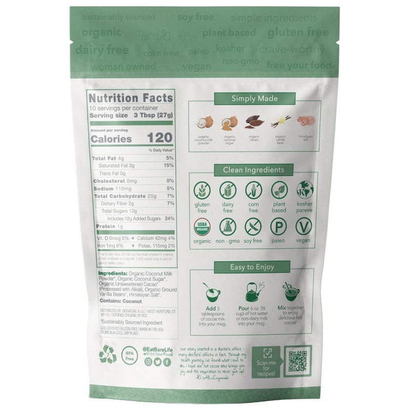 Bare Life: Dairy Free Coconut Hot Cocoa Mix Pouch | Gluten Free, Vegan, USDA Organic, Plant Based, Paleo, Soy Free, Corn Free, Lactose Free, Kosher Pareve, Refined Sugar Free, Hot Chocolate - Just Add Hot Water, 9.52 oz. - Image 2