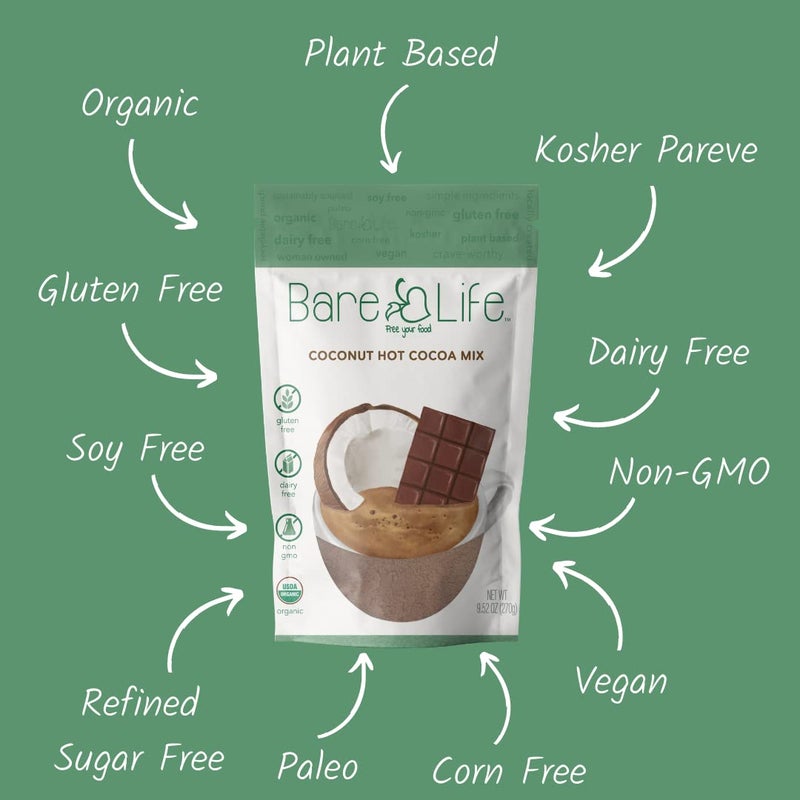 Bare Life: Dairy Free Coconut Hot Cocoa Mix Pouch | Gluten Free, Vegan, USDA Organic, Plant Based, Paleo, Soy Free, Corn Free, Lactose Free, Kosher Pareve, Refined Sugar Free, Hot Chocolate - Just Add Hot Water, 9.52 oz. - Image 4