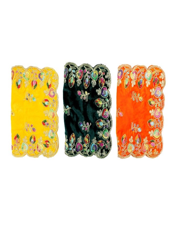 أديتري_كرييشن مجموعة من 3 قطع قماش صغيرة مخملية للزينة (المقاس: 12 بوصة × 9 بوصات) متعددة الاستخدامات، هدايا وديكورات هندية تقليدية للمهرجانات ورأس السنة الجديدة (برتقالي، أخضر، أصفر) - Image 2