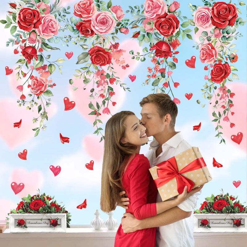 Whaline 9 Sheets Valentine's Day Floral Window Cling Stickers Spring Hanging Red Pink Rose Flower Leaves Reusable Window Decals for Wedding Party Home Decoration - Image 1