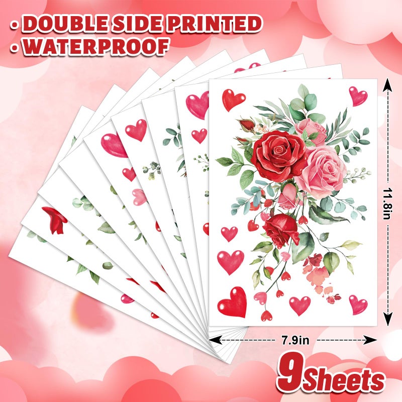 Whaline 9 Sheets Valentine's Day Floral Window Cling Stickers Spring Hanging Red Pink Rose Flower Leaves Reusable Window Decals for Wedding Party Home Decoration - Image 2