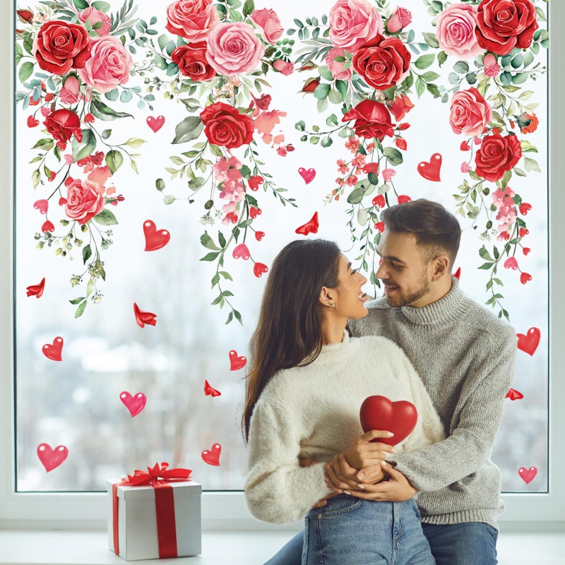 Whaline 9 Sheets Valentine's Day Floral Window Cling Stickers Spring Hanging Red Pink Rose Flower Leaves Reusable Window Decals for Wedding Party Home Decoration - Image 4