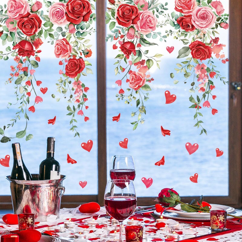 Whaline 9 Sheets Valentine's Day Floral Window Cling Stickers Spring Hanging Red Pink Rose Flower Leaves Reusable Window Decals for Wedding Party Home Decoration - Image 3