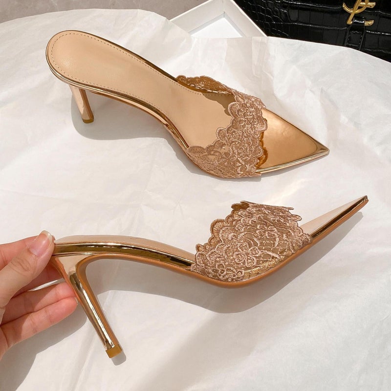 2026 Summer European-American Pointed-Toe Embroidered Stiletto Lace High-Heel Slippers, Champagne Color, Fashionable Outdoor Sandals