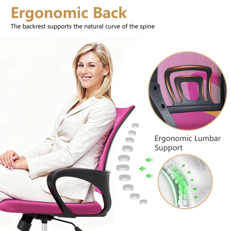 BestOffice | Ergonomic Office Chair | Mid-Back Swivel Desk Chair | Breathable Backrest & Lumbar Support | Adjustable Height | Sponge Seat | Rolling Wheels | Peach Pink | for Adults & Women - Image 3