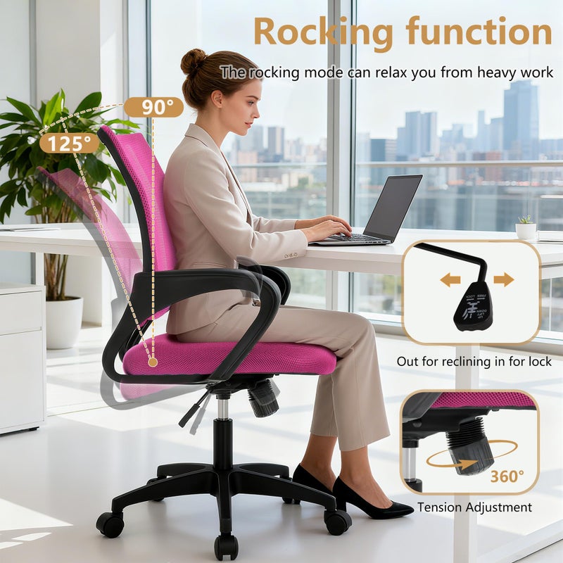 BestOffice | Ergonomic Office Chair | Mid-Back Swivel Desk Chair | Breathable Backrest & Lumbar Support | Adjustable Height | Sponge Seat | Rolling Wheels | Peach Pink | for Adults & Women - Image 2