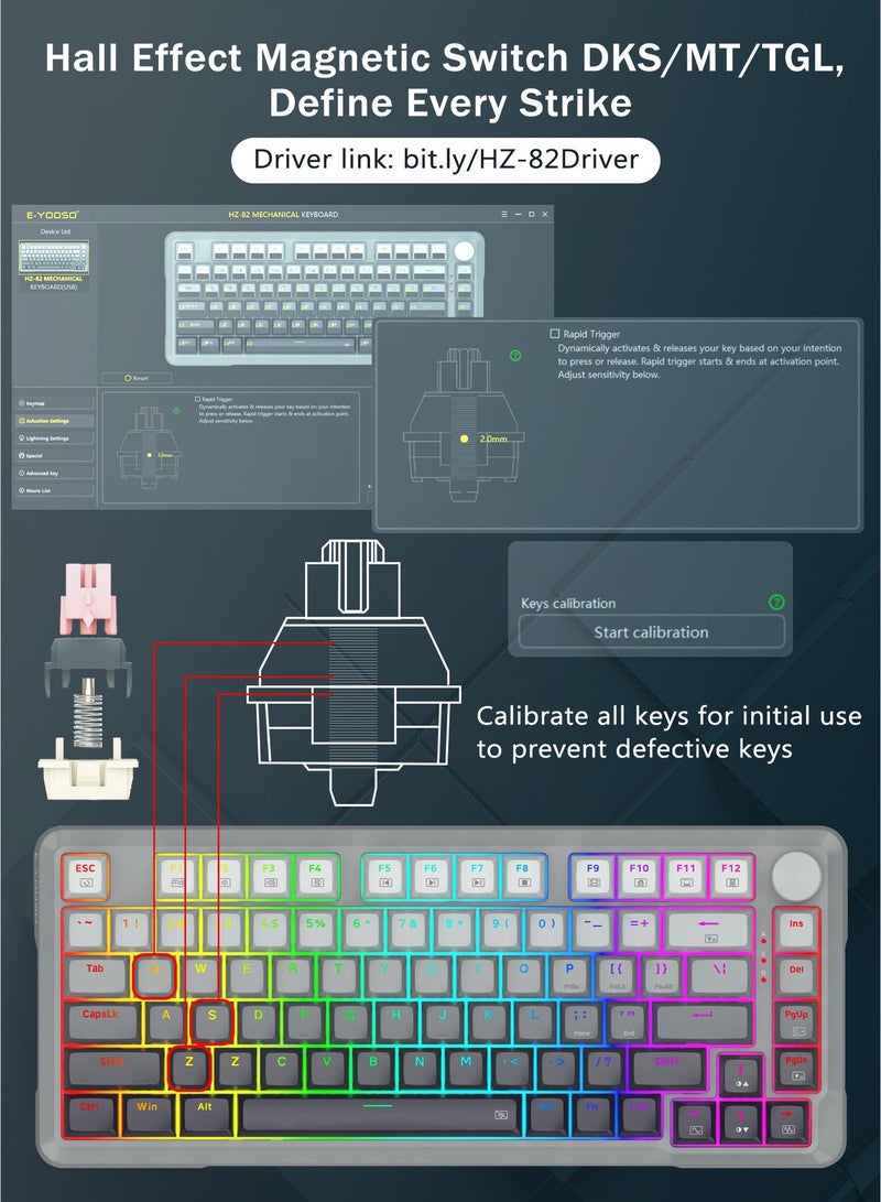 E-YOOSO Hz-82 HE 75% Wired Gaming Keyboard, Hall Effect Magnetic Switch, Adjustable Actuation, 8k Hz Polling Rate, RGB Backlit, PBT Keycaps, Volume Knob for PC/Mac, Gradient Grey - Image 4