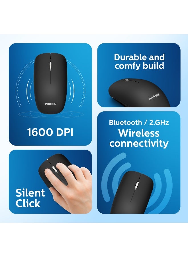 فيليبس ماوس بلوتوث لاسلكي - ثلاثي الوضع (2.4GHz + BT 3.0 + BT 5.0)، مستشعر بصري عالي الدقة 1600 DPI، 4 أزرار، عمر افتراضي 3 مليون نقرة، تصميم مريح وصامت لنظام ويندوز، macOS، iPadOS - أسود - Image 2
