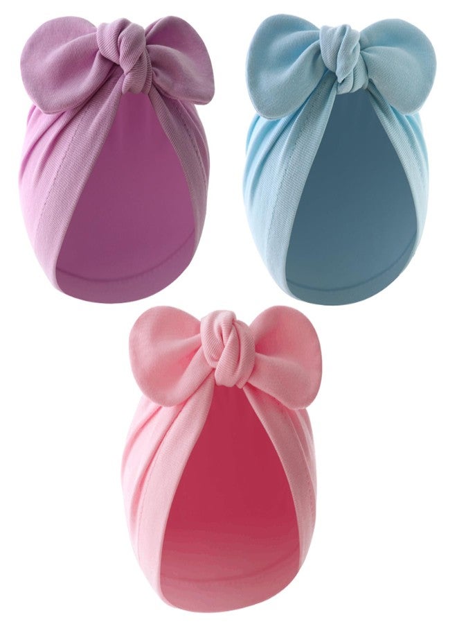 Jastore Newborn Baby Bowknot Turban Hat Infant Toddler Hospital Hat Cotton Head Wrap Beanie Cap(Light Purple+Light Blue+Dark Pink) - Image 1
