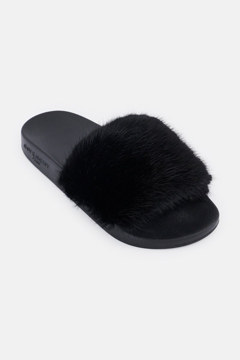 GIVENCHY Women Faux Fur Slip On Slides, Black - Image 1
