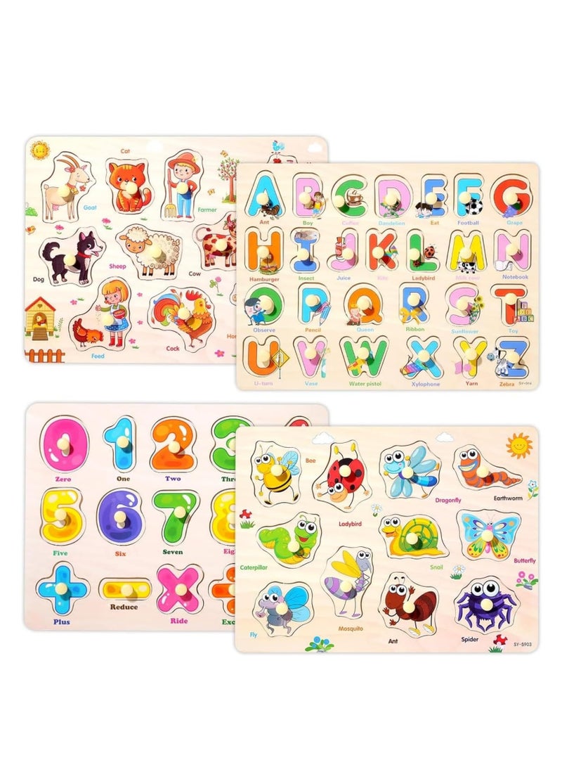MIXDE 4 Pcs Wooden Peg Puzzles Set for Toddlers 3 5 Years Old, Alphabet ABC, Numbers and Farm Animals Learning Puzzles Board for Kids, Preschool Educational Pegged Puzzles Activity Toys Gift for Boys Girls - Image 1