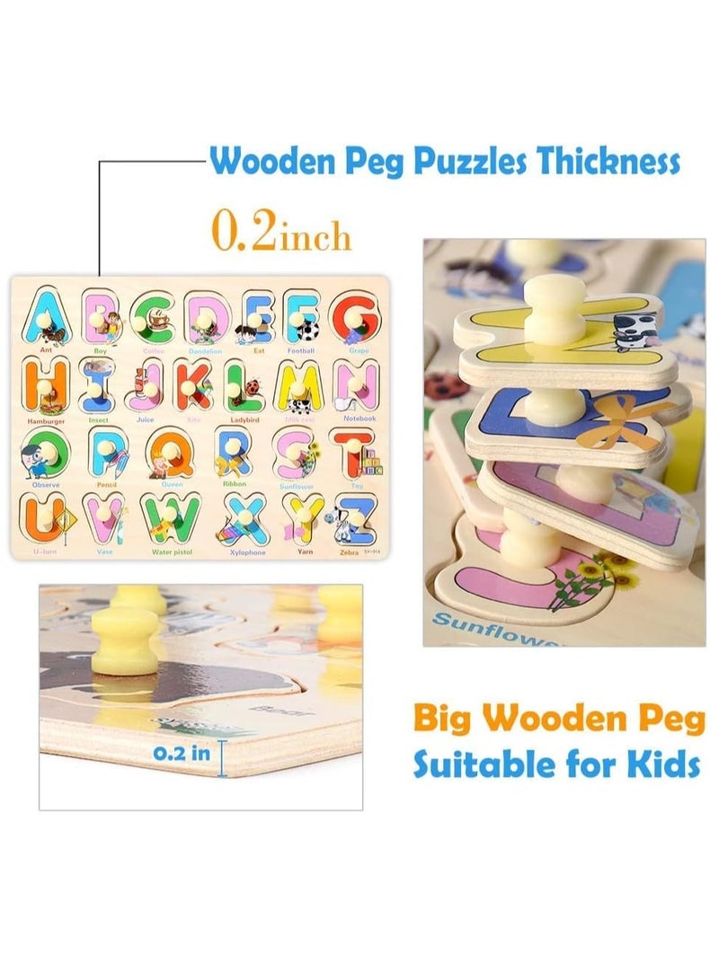 MIXDE 4 Pcs Wooden Peg Puzzles Set for Toddlers 3 5 Years Old, Alphabet ABC, Numbers and Farm Animals Learning Puzzles Board for Kids, Preschool Educational Pegged Puzzles Activity Toys Gift for Boys Girls - Image 2