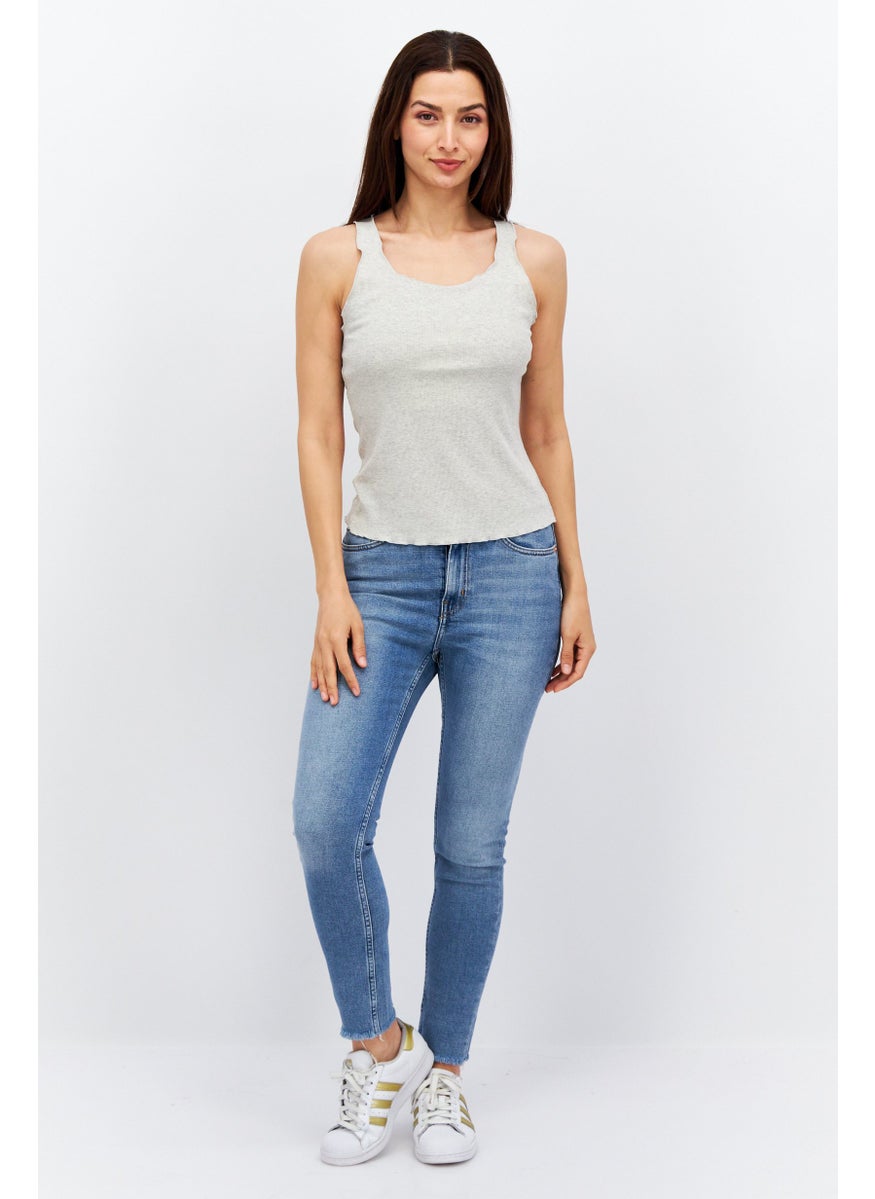 Etam Women Ruffle Neck Sleeveless Solid Top, Grey  - Image 1