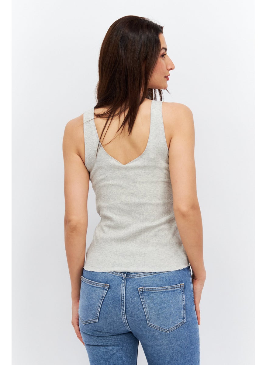 Etam Women Ruffle Neck Sleeveless Solid Top, Grey  - Image 2