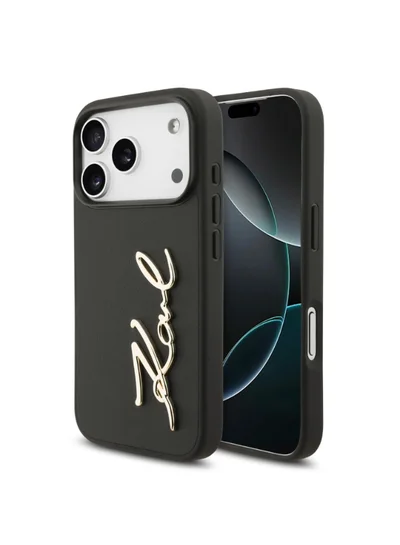 كارل لاغرفيلد غطاء iPhone 17 Pro / جراب من جلد البولي يوريثان مع شعار Karl Script والأزرار / أسود