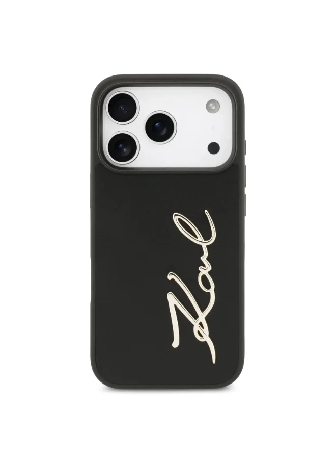كارل لاغرفيلد غطاء iPhone 17 Pro / جراب من جلد البولي يوريثان مع شعار Karl Script والأزرار / أسود