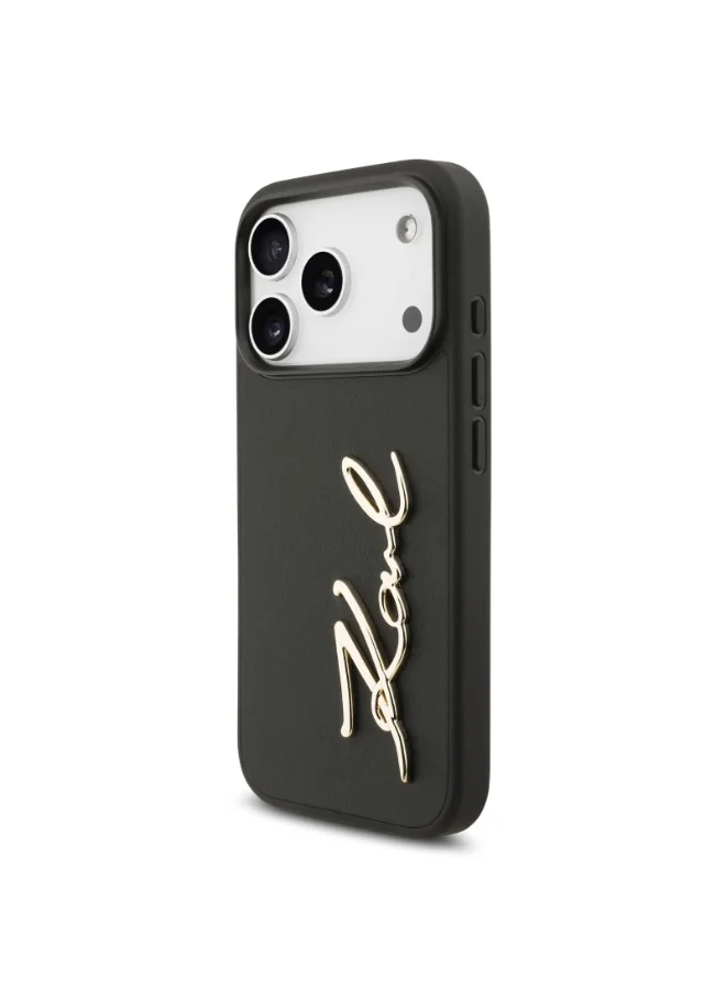 كارل لاغرفيلد غطاء iPhone 17 Pro / جراب من جلد البولي يوريثان مع شعار Karl Script والأزرار / أسود