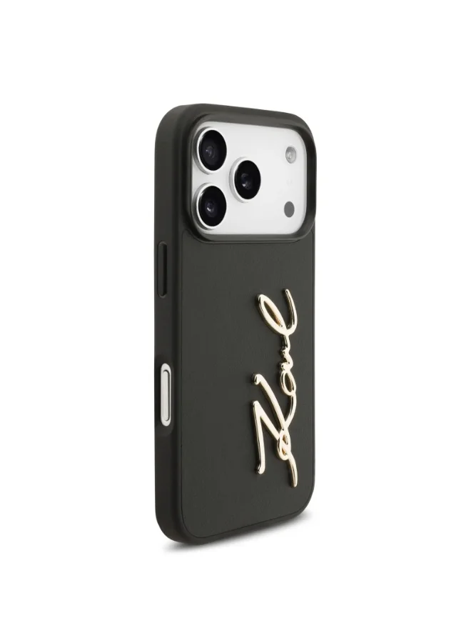 كارل لاغرفيلد غطاء iPhone 17 Pro / جراب من جلد البولي يوريثان مع شعار Karl Script والأزرار / أسود
