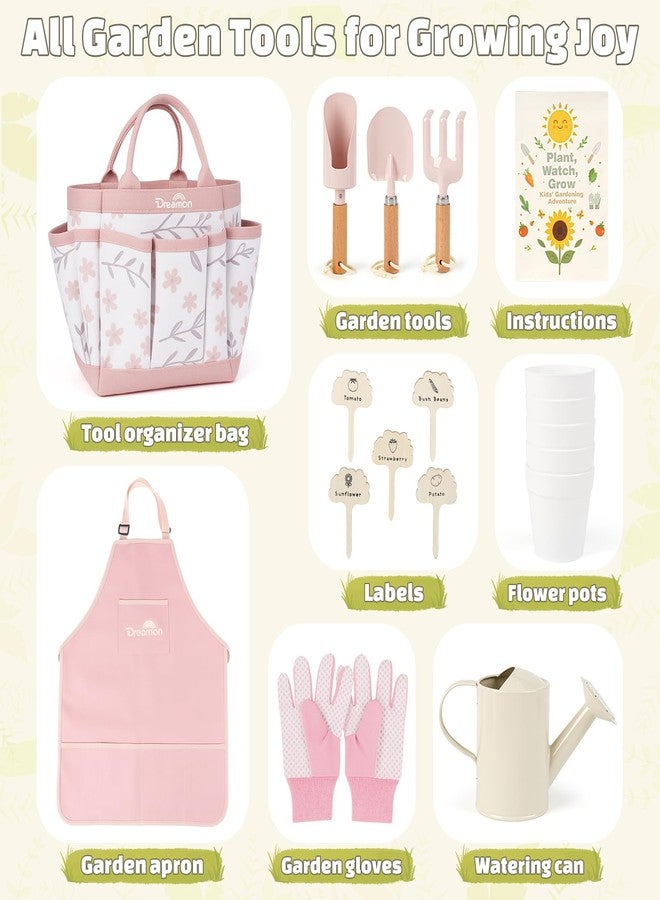 Dreamon Gardening Set Toys for Kids, Quality Garden Tool Kit Includes Tote Bag, Apron, Gloves, Shovel, Rake, Cultivator, Watering Can, STEM Learning Outdoor Gifts for Kids Toddlers (Pink) - Image 3