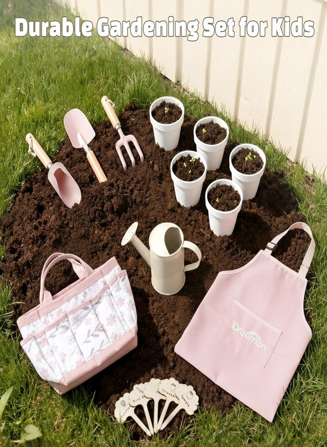 Dreamon Gardening Set Toys for Kids, Quality Garden Tool Kit Includes Tote Bag, Apron, Gloves, Shovel, Rake, Cultivator, Watering Can, STEM Learning Outdoor Gifts for Kids Toddlers (Pink) - Image 5