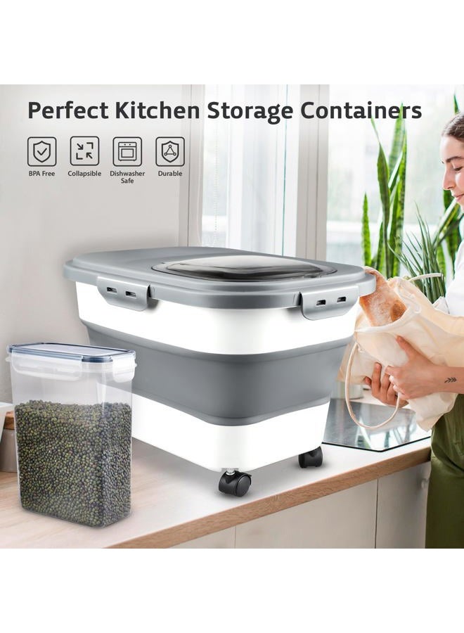 Komzon Rice Storage Containers, Collapsible 20 to 30Lbs Food Storage Bin Dispenser with Rolling Wheel and Clear Airtight Lid, BPA Free Flour, Sugar, Cereal and Dog Cat Pet food Containers - Image 4
