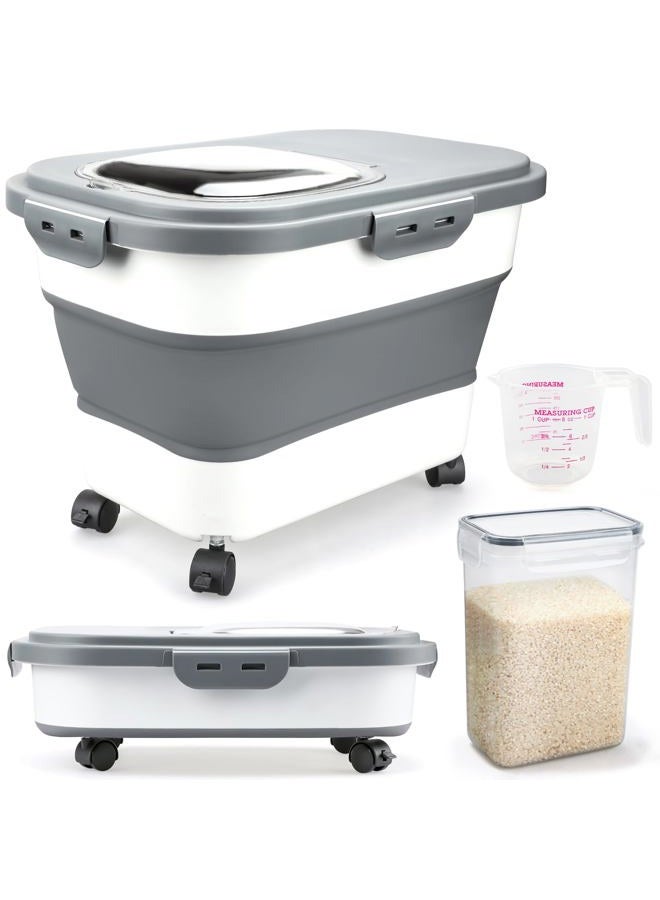 Komzon Rice Storage Containers, Collapsible 20 to 30Lbs Food Storage Bin Dispenser with Rolling Wheel and Clear Airtight Lid, BPA Free Flour, Sugar, Cereal and Dog Cat Pet food Containers - Image 1