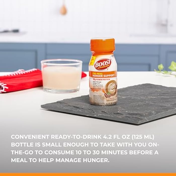 Boost مشروب BOOST لدعم الجوع قبل الوجبة الغذائية، يعزز استجابة GLP-1 الطبيعية للوجبة، 10 جرام بروتين مصل اللبن، 45 سعرة حرارية، جاهز للشرب وخالي من الدهون، نكهة الموكا، زجاجة سعة 4.2 أونصة سائلة (125 مل) (عبوة 4)  - Image 4
