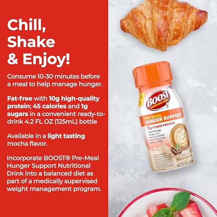 Boost مشروب BOOST لدعم الجوع قبل الوجبة الغذائية، يعزز استجابة GLP-1 الطبيعية للوجبة، 10 جرام بروتين مصل اللبن، 45 سعرة حرارية، جاهز للشرب وخالي من الدهون، نكهة الموكا، زجاجة سعة 4.2 أونصة سائلة (125 مل) (عبوة 4)  - Image 3