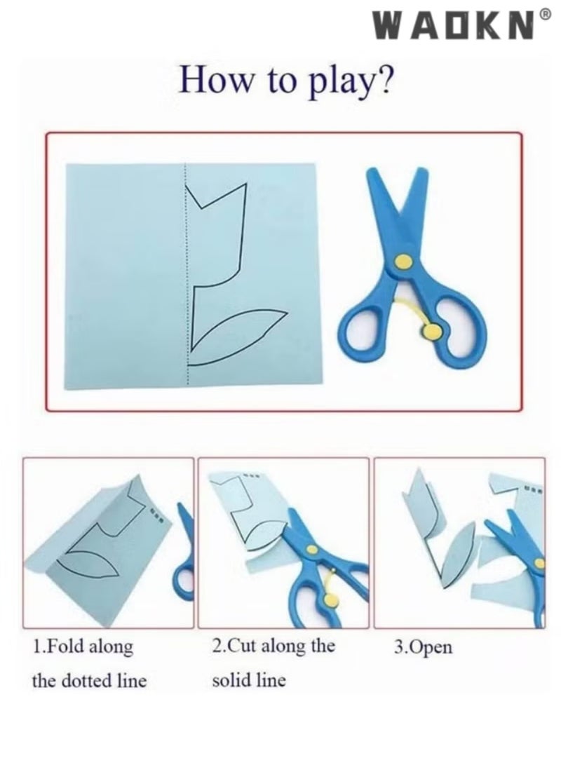 WAOKN 240 PCS Kids Paper Cutting Set Paper Activity Toys with 2 Safe Scissors Educational Toys for Kids Gift Idea, Paper Cut Set, Safety Scissors Skills Cutting, Scissor Skills Activity Kit, Kids Scissors Crafts Set for School, Cutting Activity  - Image 3