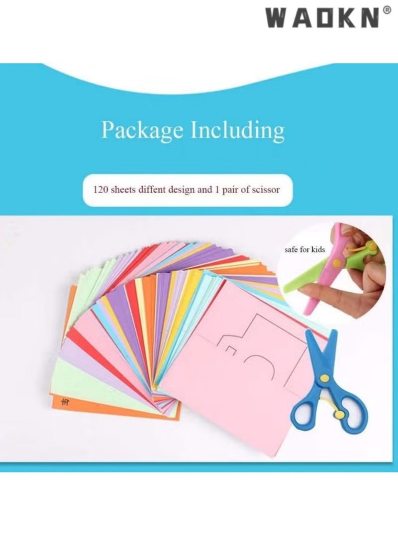 WAOKN 240 PCS Kids Paper Cutting Set Paper Activity Toys with 2 Safe Scissors Educational Toys for Kids Gift Idea, Paper Cut Set, Safety Scissors Skills Cutting, Scissor Skills Activity Kit, Kids Scissors Crafts Set for School, Cutting Activity  - Image 4