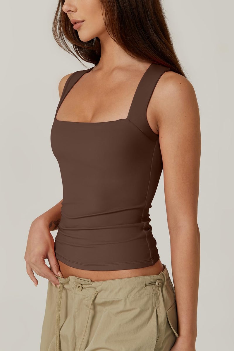 QINSEN Womens Tank Top Sleeveless Square Neck Casual Basic Fitted T- Shirts Brown XL - Image 2