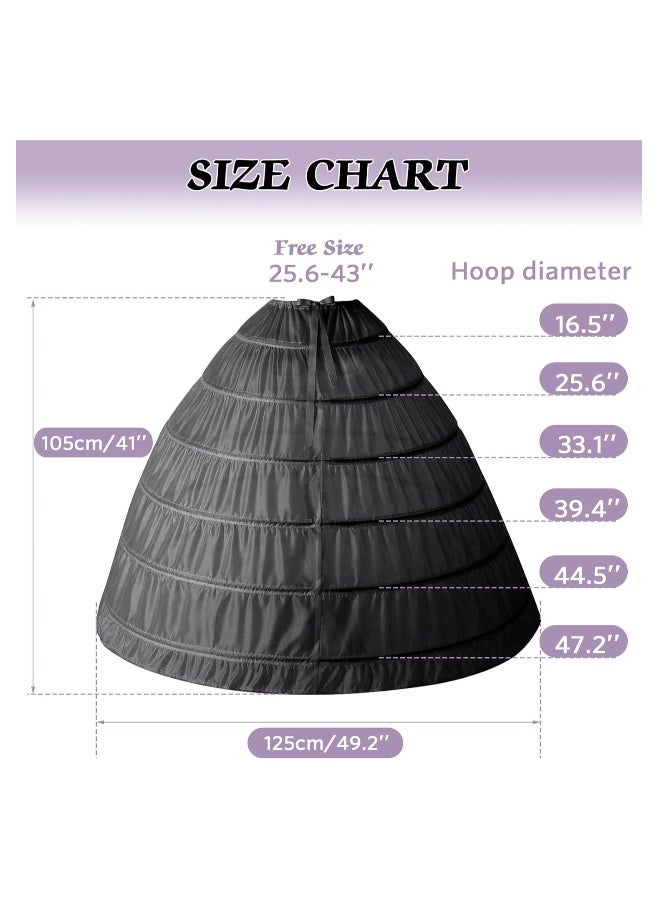Long Black Petticoats for Women, A-line 6 Hoop Underskirt Super Puffy, Adjustable Petticoat Slip Floor Length Underskirt for Wedding Ball Quinceanera Dress, Skirt Length 105cm  - Image 3