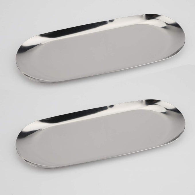 STAINLESS STEEL DECORATIVE TRAY SET OF 2 9 INCH LONG JEWELRY DISH COSMETICS ORGANIZER BATHROOM CLUTTER SERVING PLATTER SMALL STORAGE TRAY OVAL SILVER