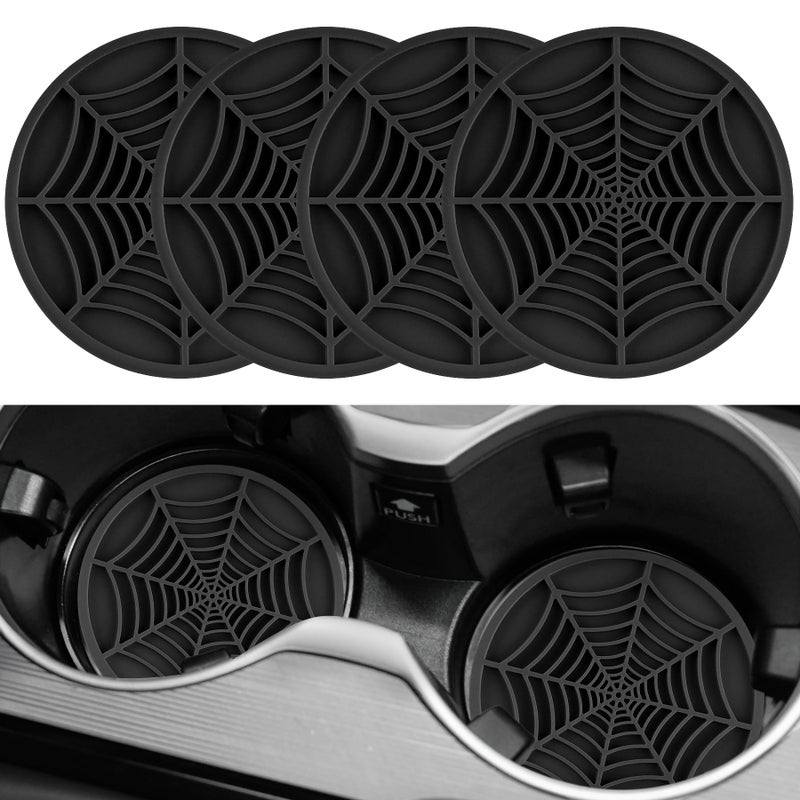 Alpmosn 4PCS Spider Web Car Coasters for Cup Holders, Halloween Funny Non-Slip Silicone Insert Ornaments Coasters, Automotive Cupholder Goth Accessories for Men & Women(Black) - Image 1