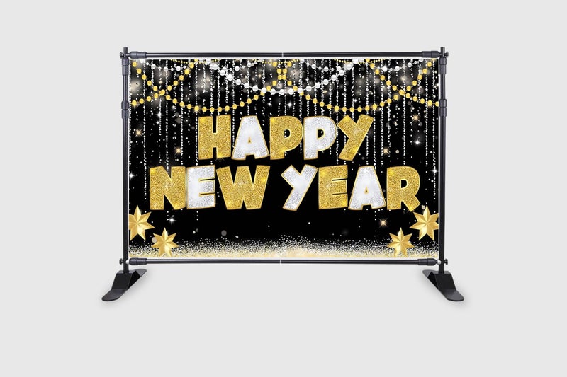 Backdropon Happy New Year Banner Backdrop for New Years Eve Party Decorations Black and Gold New Years Eve Background Wall Decor Photo Size 5 Feet Height & 8 Feet Width(5 * 8) - Image 2