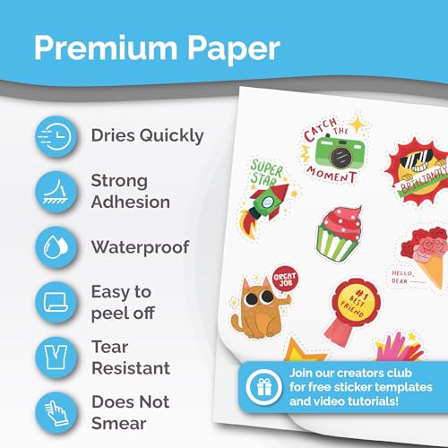 AgoDeo Premium Printable Vinyl Sticker Paper for Inkjet & Laser Printer - 56 Sheets - Glossy White - Self-Adhesive Waterproof Sheets - Dries Quickly & Vivid Colors - Holds Ink Well - Tear Resistant - Image 2