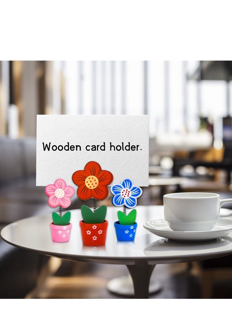 NIBEMINENT Wood Place Card Holders with Colorful Flower Clip Wooden Memo Clips Holder flower pot Base Picture for Wedding Party Table Number Random Color 6 PCS - Image 2
