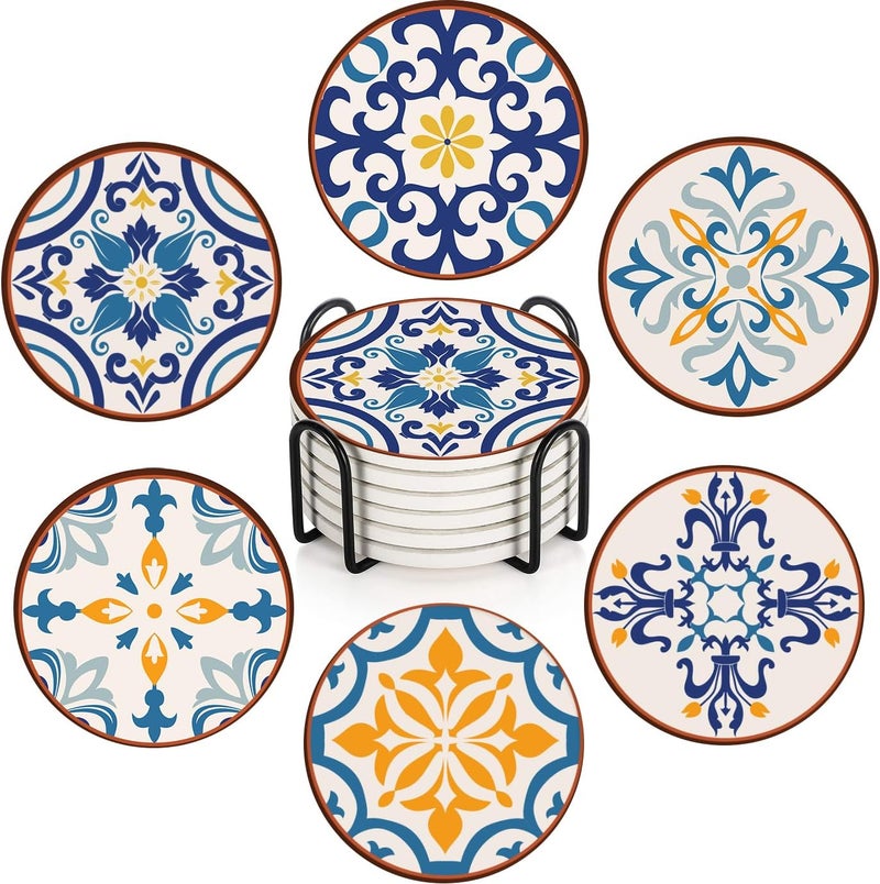 Bribay Coaster for Drinks Set of 6, Colorful Ceramic Talavera Flower Vintage Absorbent Round Ceramic Stone Mat, with Cork Base and Metal Holder, Gift for Housewarming Room Bar Decor - Image 1