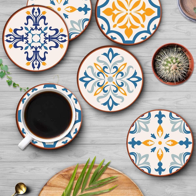 Bribay Coaster for Drinks Set of 6, Colorful Ceramic Talavera Flower Vintage Absorbent Round Ceramic Stone Mat, with Cork Base and Metal Holder, Gift for Housewarming Room Bar Decor - Image 5
