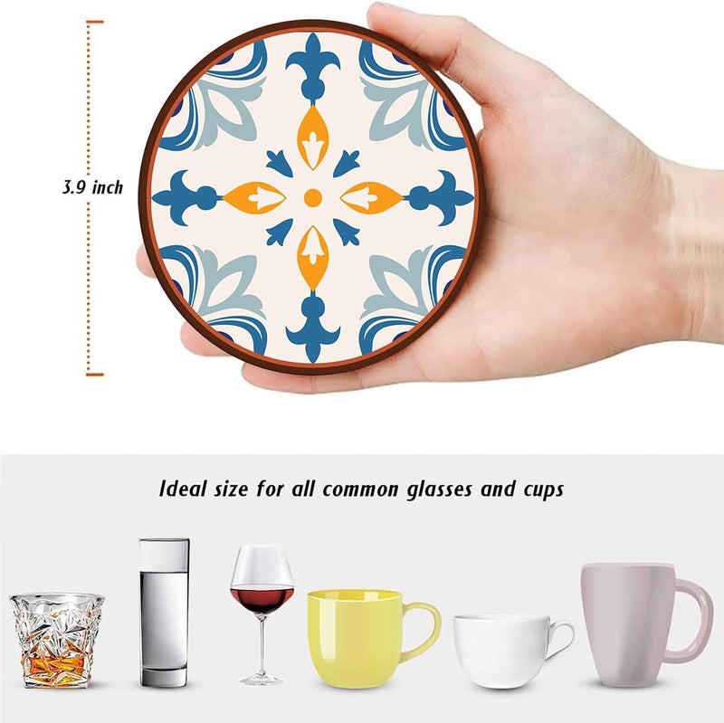 Bribay Coaster for Drinks Set of 6, Colorful Ceramic Talavera Flower Vintage Absorbent Round Ceramic Stone Mat, with Cork Base and Metal Holder, Gift for Housewarming Room Bar Decor - Image 4