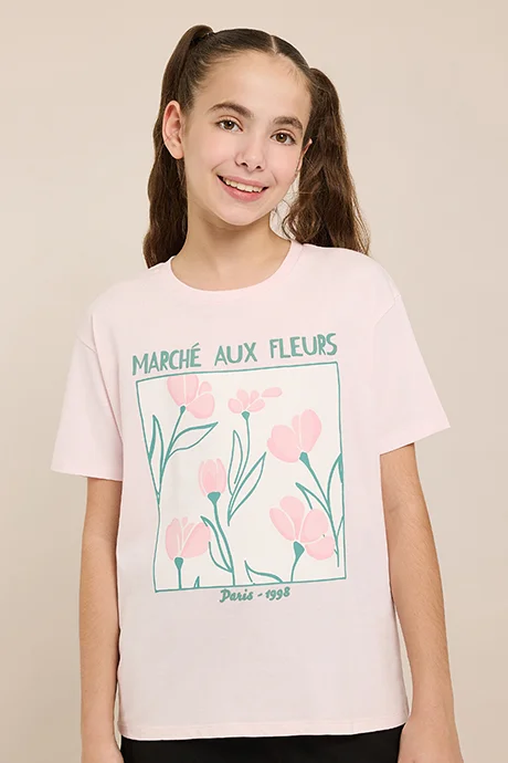 أر أند بي Printed T-Shirt with Crew Neck and Short Sleeves